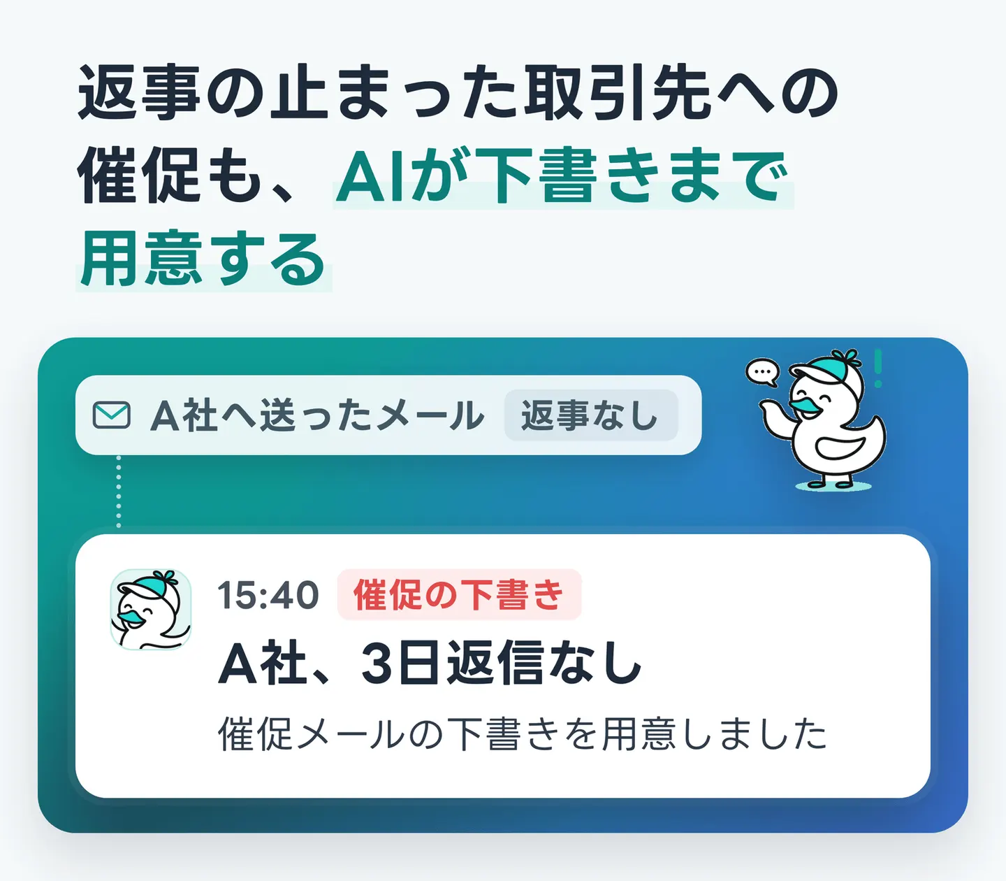 返事の止まった取引先への催促も、AIが下書きまで用意する