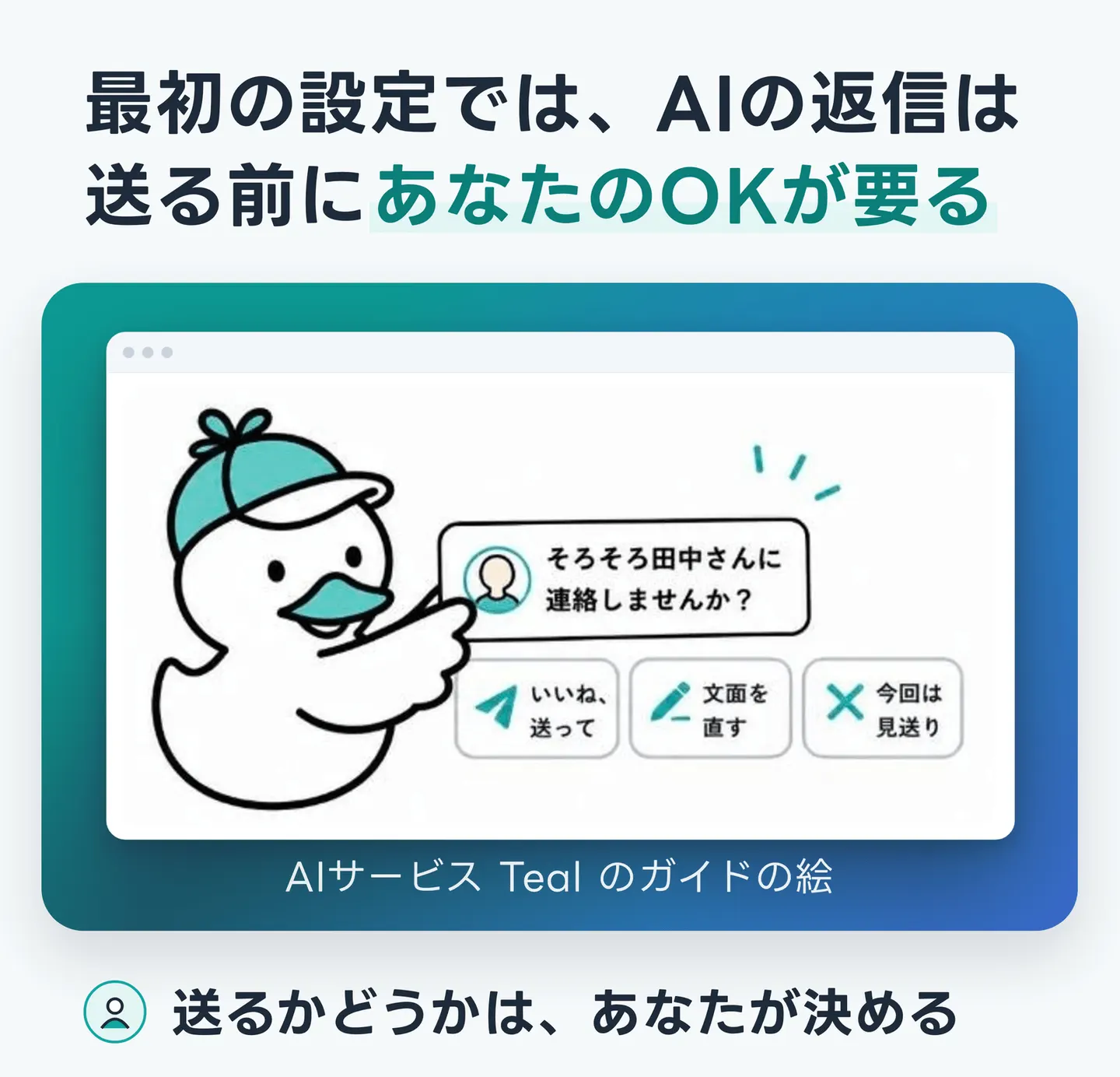 最初の設定では、AIの返信は送る前にあなたのOKが要る