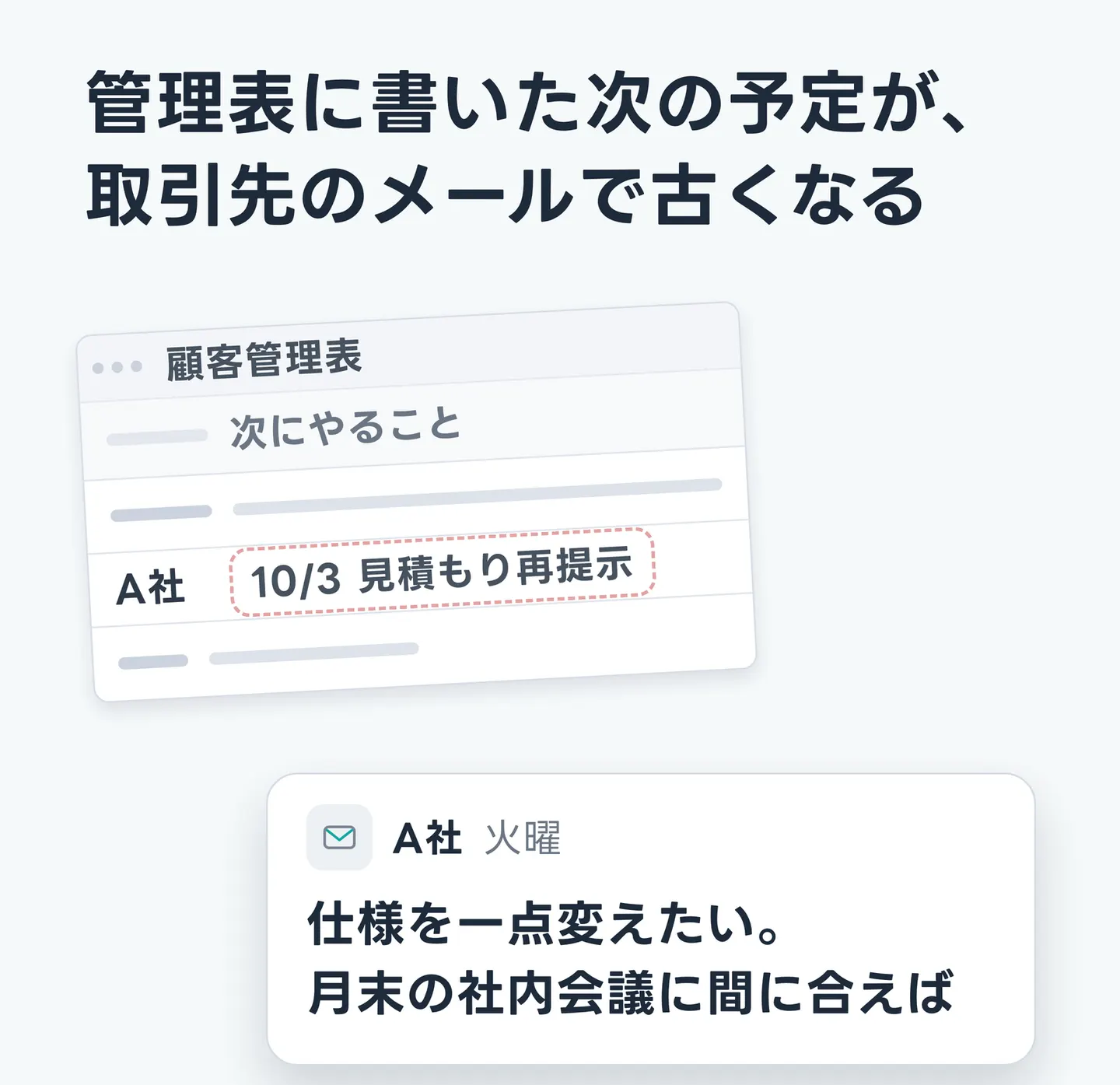 管理表に書いた次の予定が、取引先のメールで古くなる