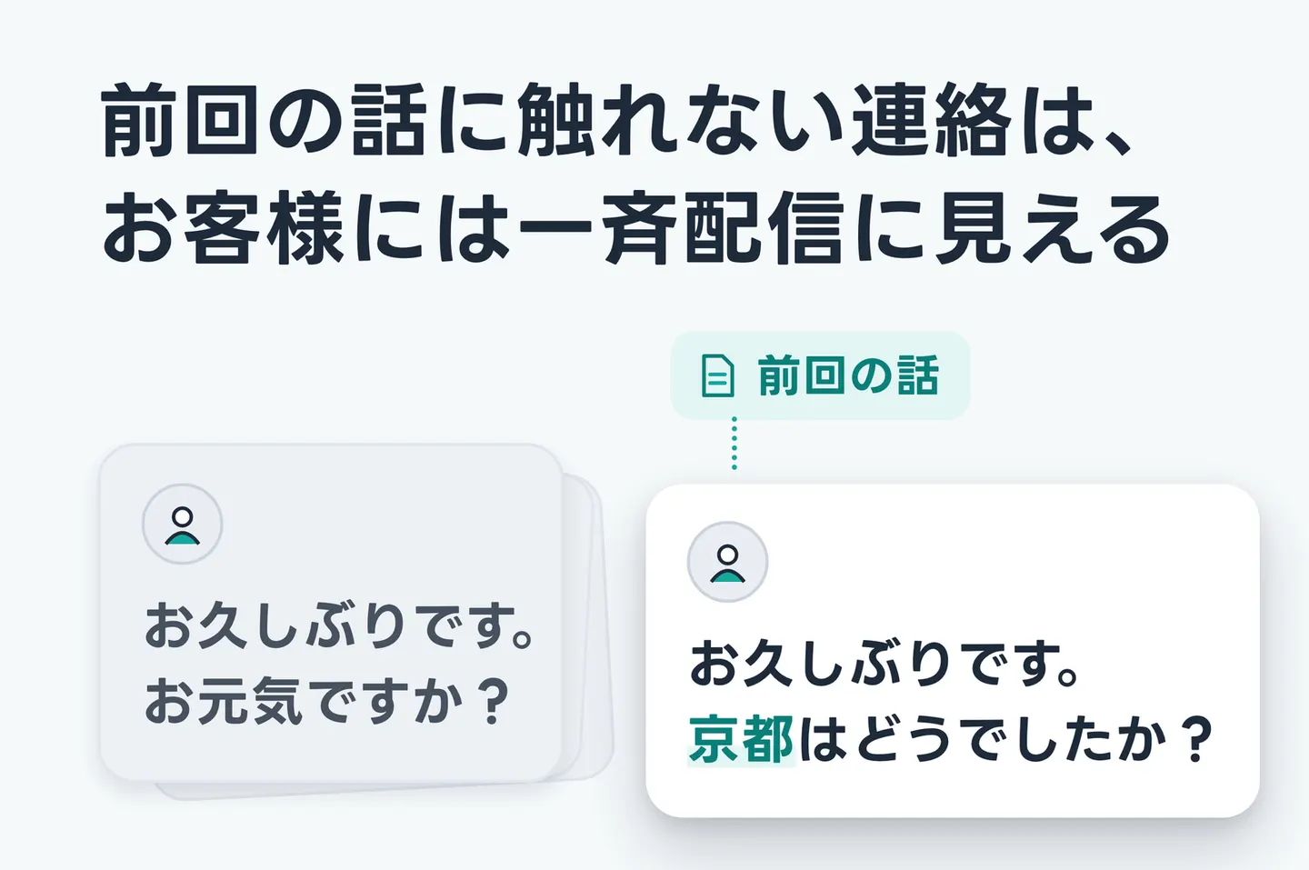 前回の話に触れない連絡は、お客様には一斉配信に見える