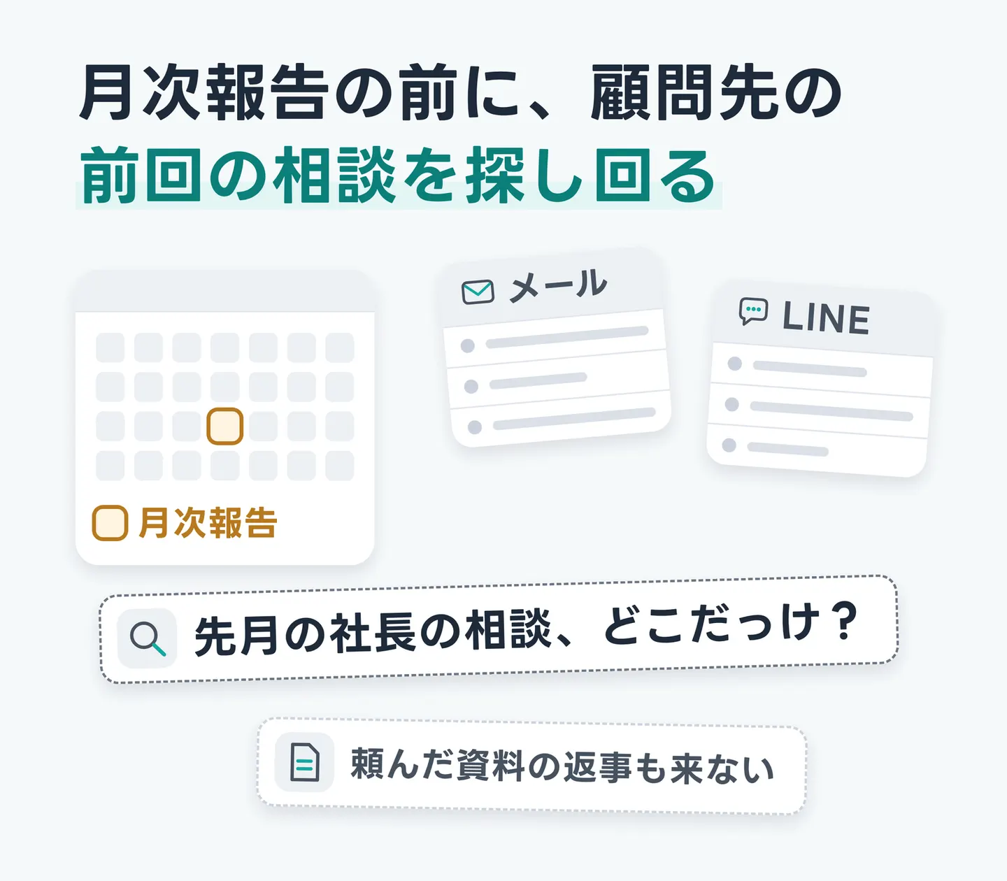 月次報告の前に、顧問先の前回の相談を探し回る