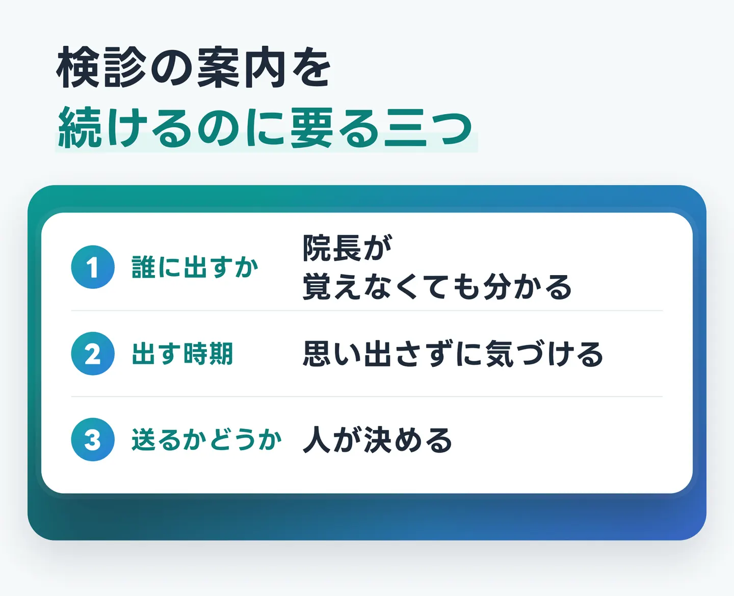 検診の案内を続けるのに要る三つ
