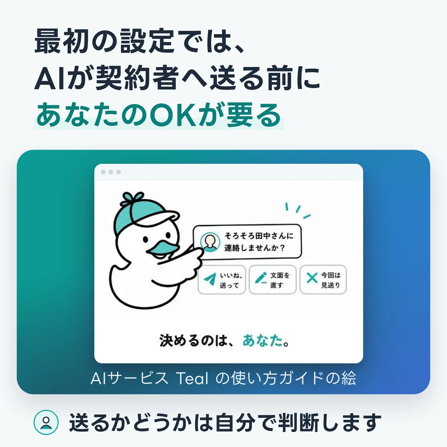 最初の設定では、AIが契約者へ送る前にあなたのOKが要る