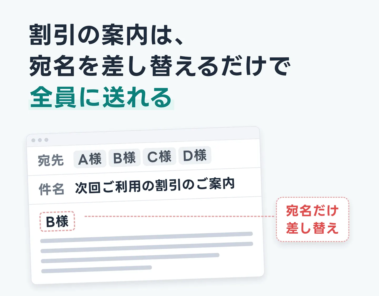 割引の案内は、宛名を差し替えるだけで全員に送れる