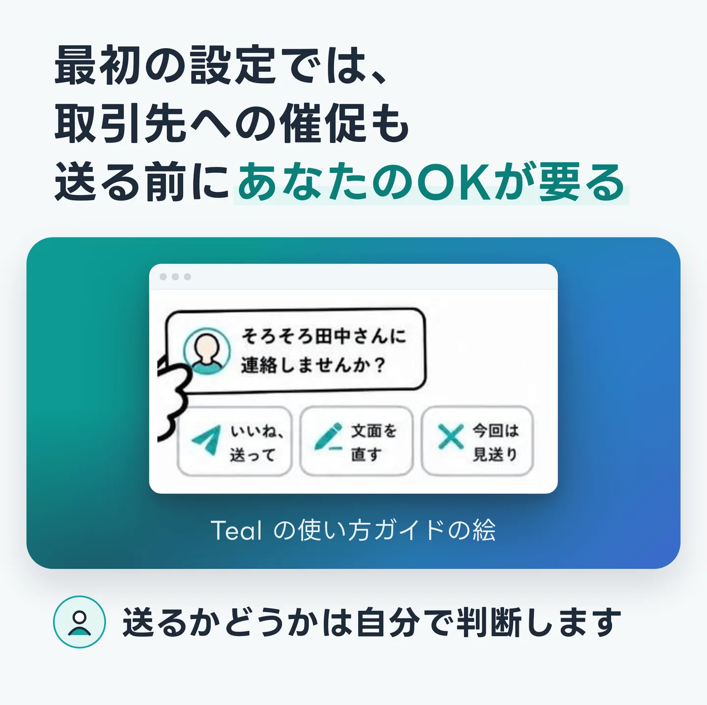 最初の設定では、取引先への催促も送る前にあなたのOKが要る