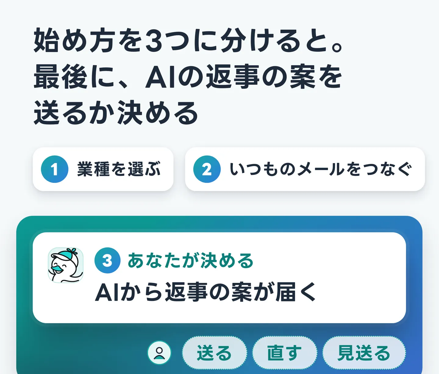 始め方を3つに分けると。最後に、AIの返事の案を送るか決める